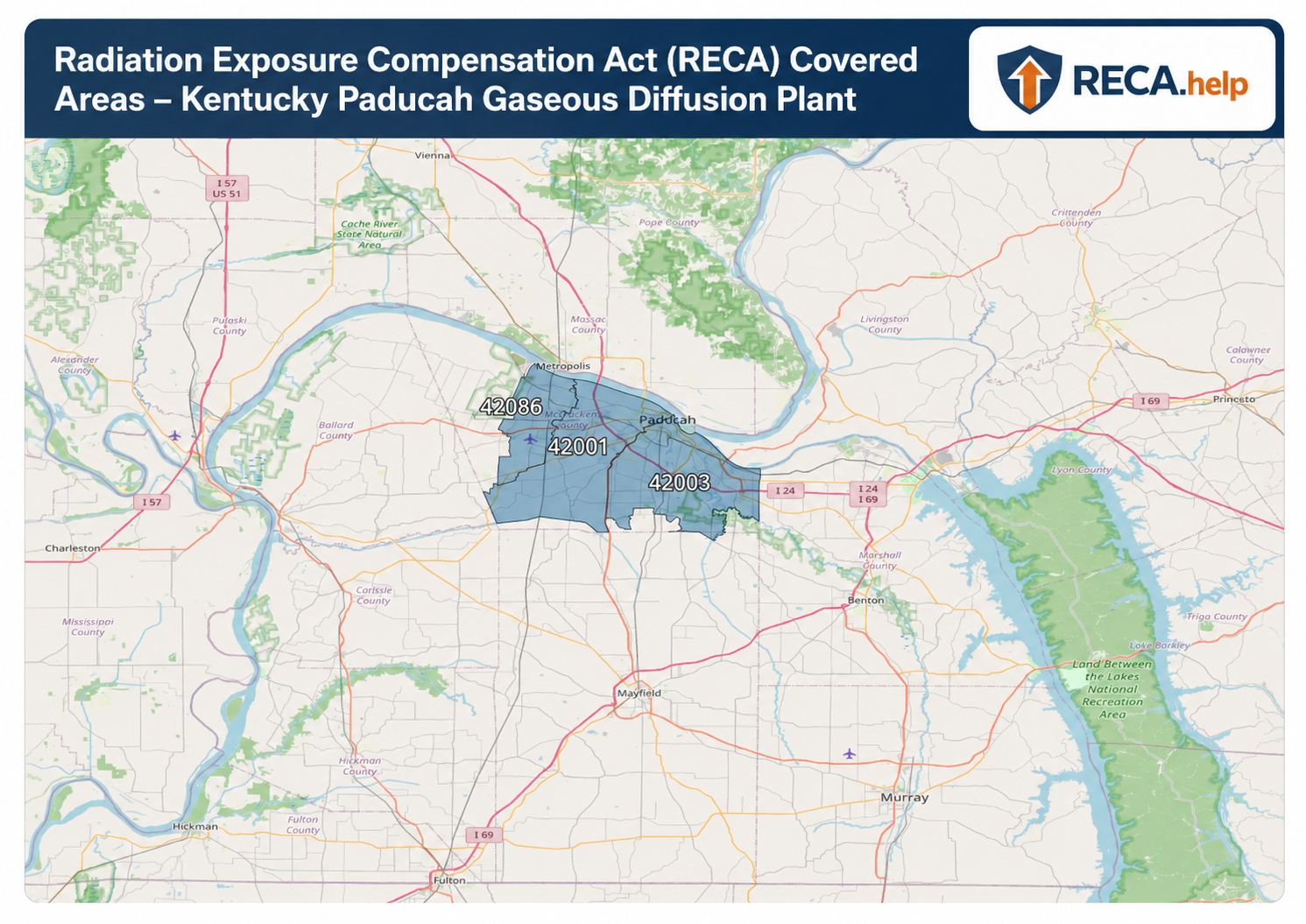 Map of RECA Covered Areas for the Kentucky Paducah Gaseous Diffusion Plant