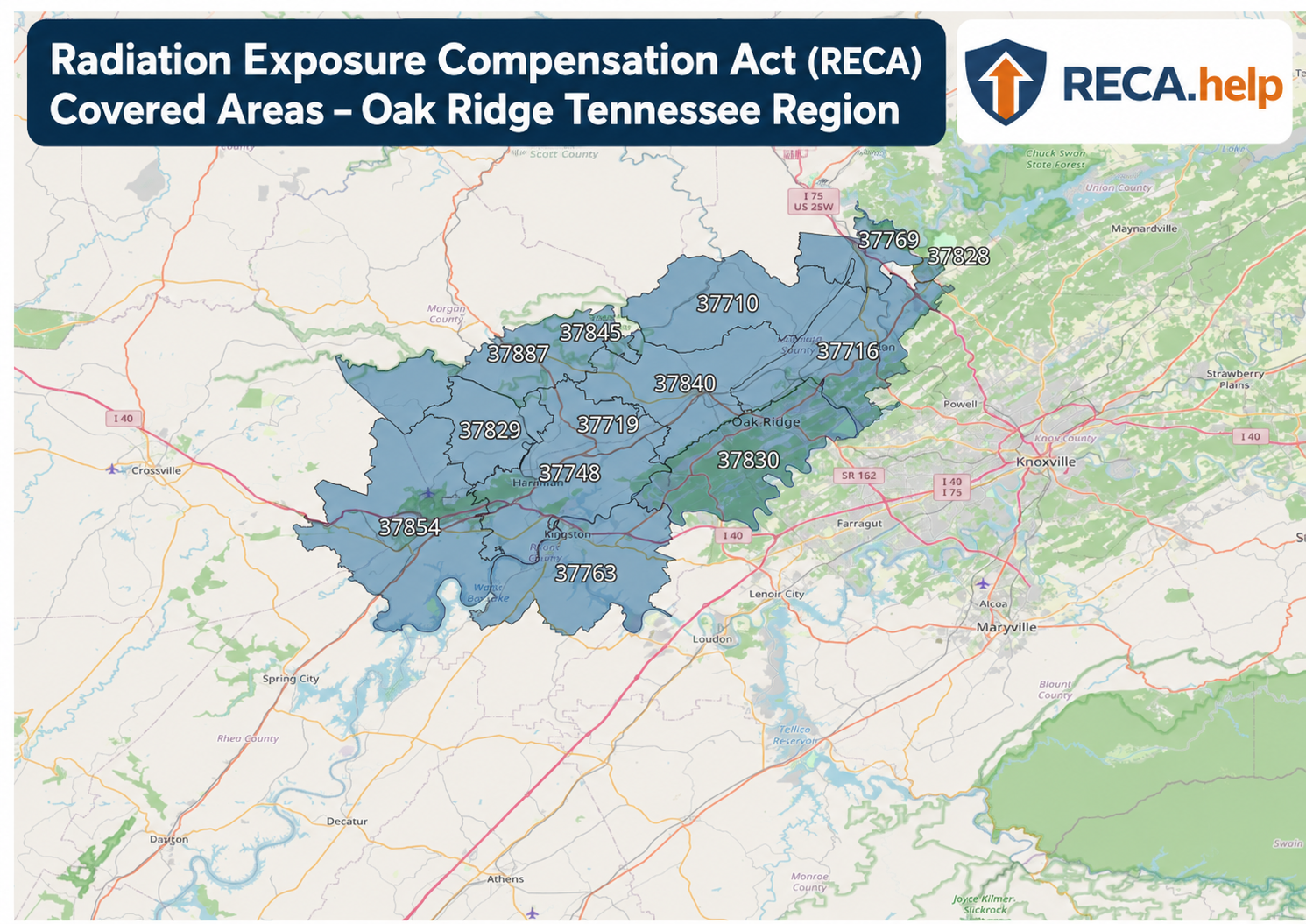 Map of RECA Covered Areas in the Oak Ridge Tennessee Region highlighting eligible ZIP codes