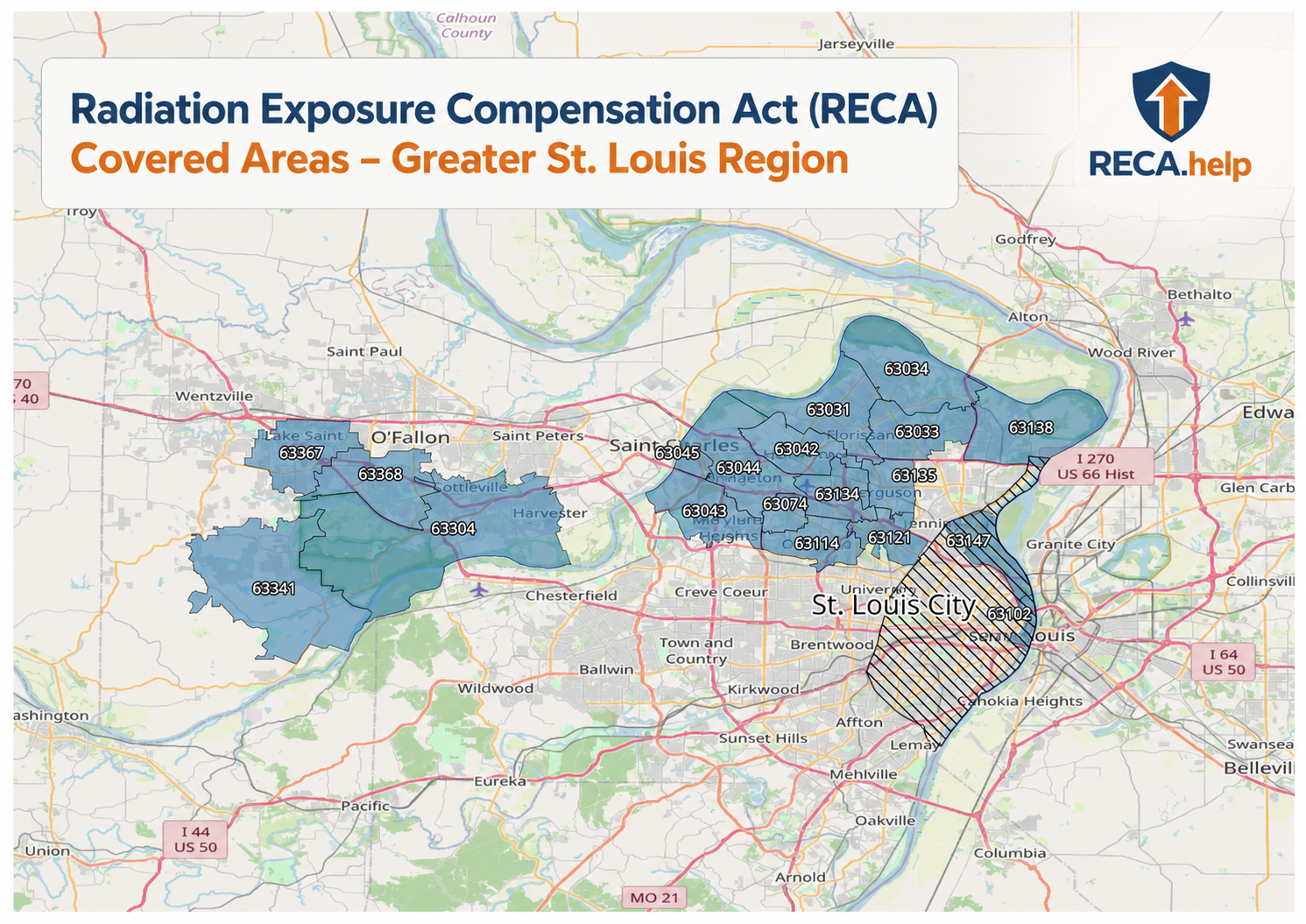 Map of RECA Covered Areas in the Greater St. Louis Region highlighting eligible ZIP codes