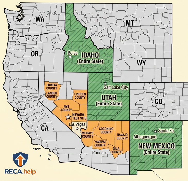 Map of RECA Downwinder eligible areas including Idaho, Nevada, Utah, Arizona, and New Mexico.